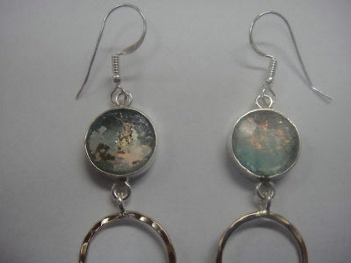 Dangle 925 Sterling Silver Earrings, Gold  Filled, Ancient Roman Glass Earrings, Unique Jewelry image 0