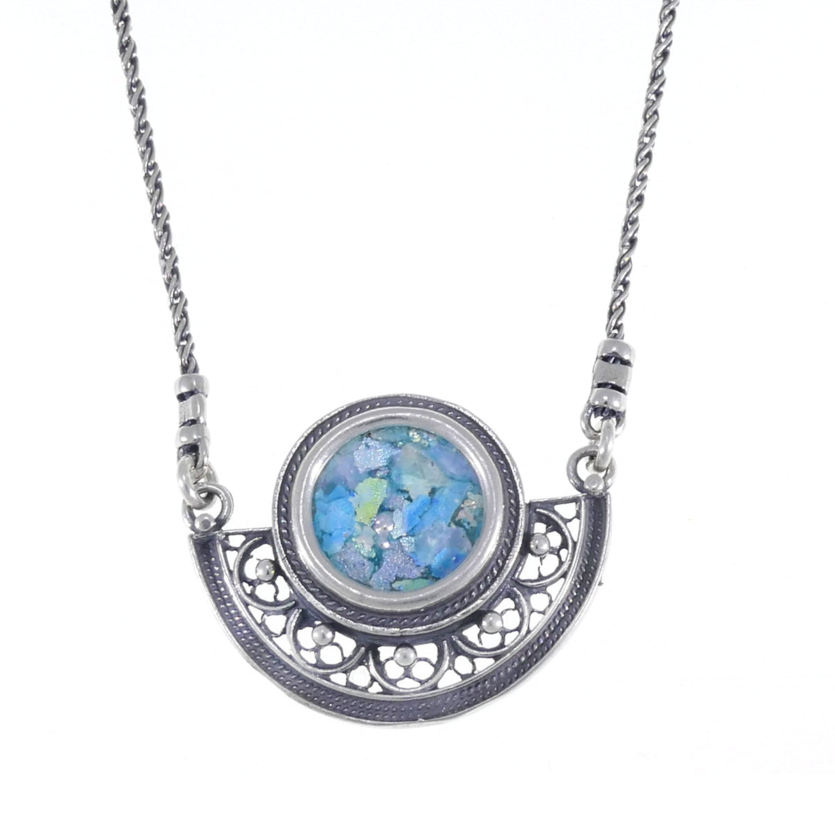 Filigree Choker, Half-Moon 925 Sterling Silver Necklace, Ancient Roman Glass Necklace, Roman Glass Jewelry image 0
