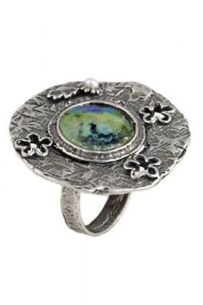 Beautiful Flower Ring, 925 Sterling Silver Ring, Ancient Roman Glass Ring, Pearl Ring, Roman Glass Jewelry image 0