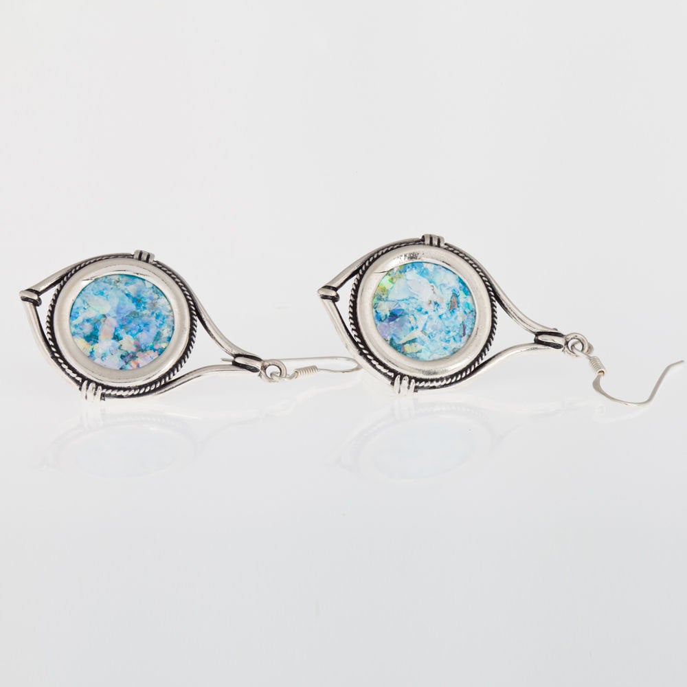 Dangle 925 Sterling Silver,Ancient Roman Glass Earrings Unique Openwork image 0