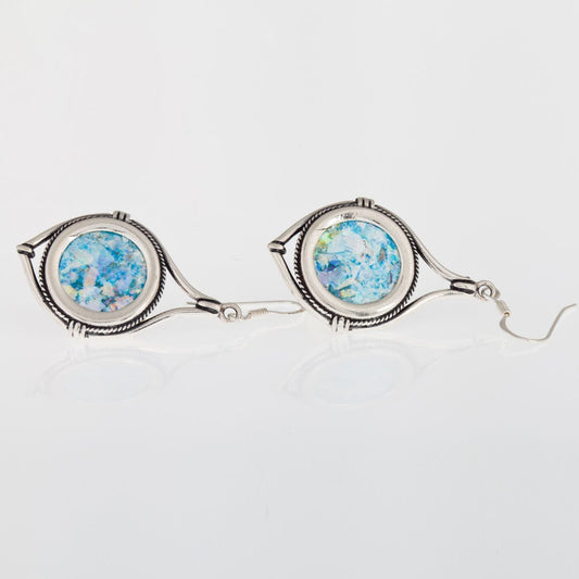 Dangle 925 Sterling Silver,Ancient Roman Glass Earrings Unique Openwork image 0