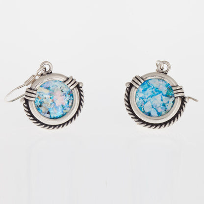 Ancient Roman Glass 925 Sterling Silver Dangle Earrings Unique Design, Classic image 1