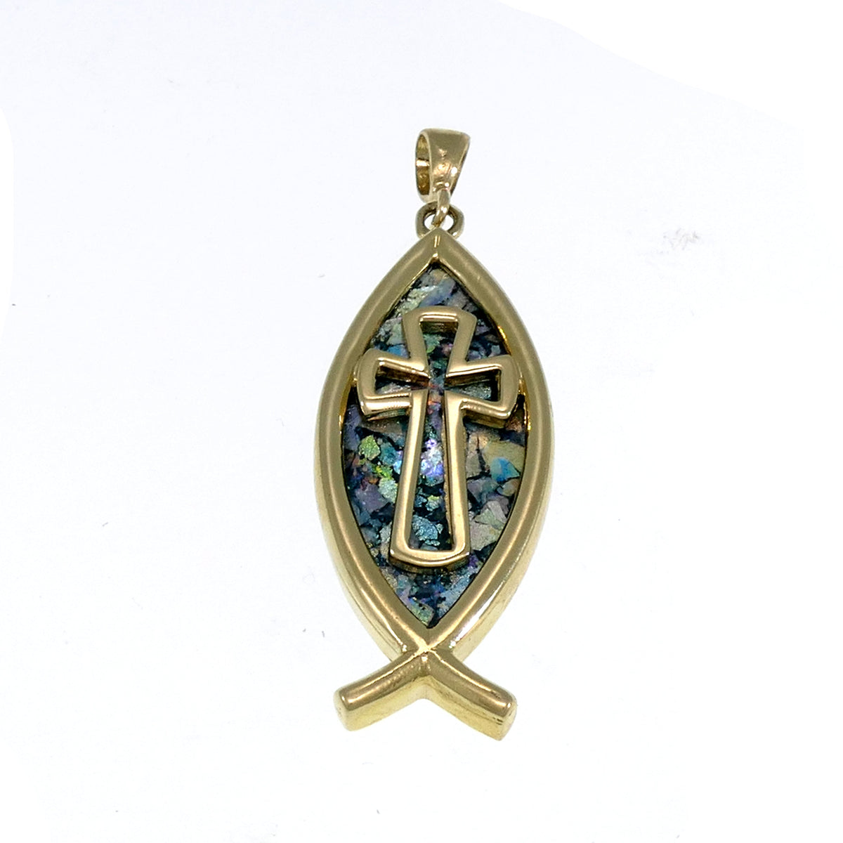 Beautiful 14k Gold Pendant, Ancient Roman Glass Pendant, Fish Pendant, Cross, Roman Glass Jewelry image 0