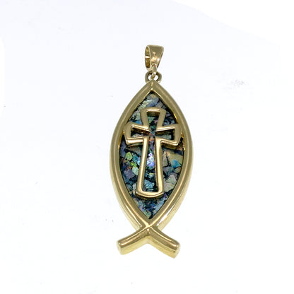 Beautiful 14k Gold Pendant, Ancient Roman Glass Pendant, Fish Pendant, Cross, Roman Glass Jewelry image 0