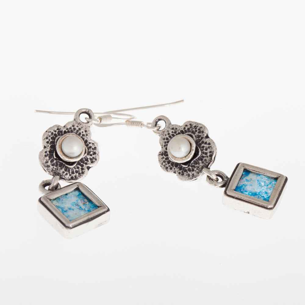 Pearl Flower 925 Sterling Silver Ancient Square Roman Glass Earrings Openwork image 0