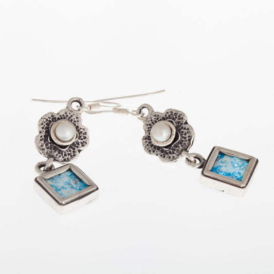 Pearl Flower 925 Sterling Silver Ancient Square Roman Glass Earrings Openwork image 0