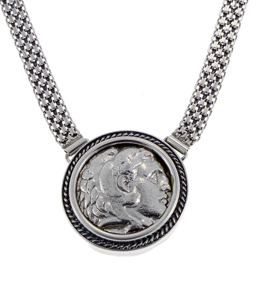 Neckless Sterling Silver Set With Coin Authentic Ancient Alexander the Great Rare Drachma