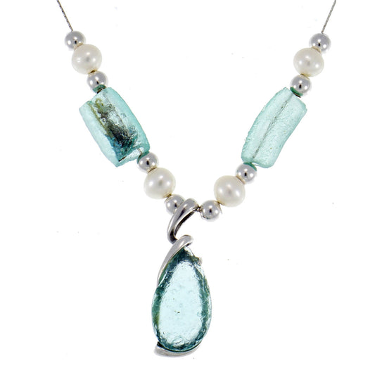 Necklace - 925 Sterling Silver Ancient Roman glass with pearls Original Gift
