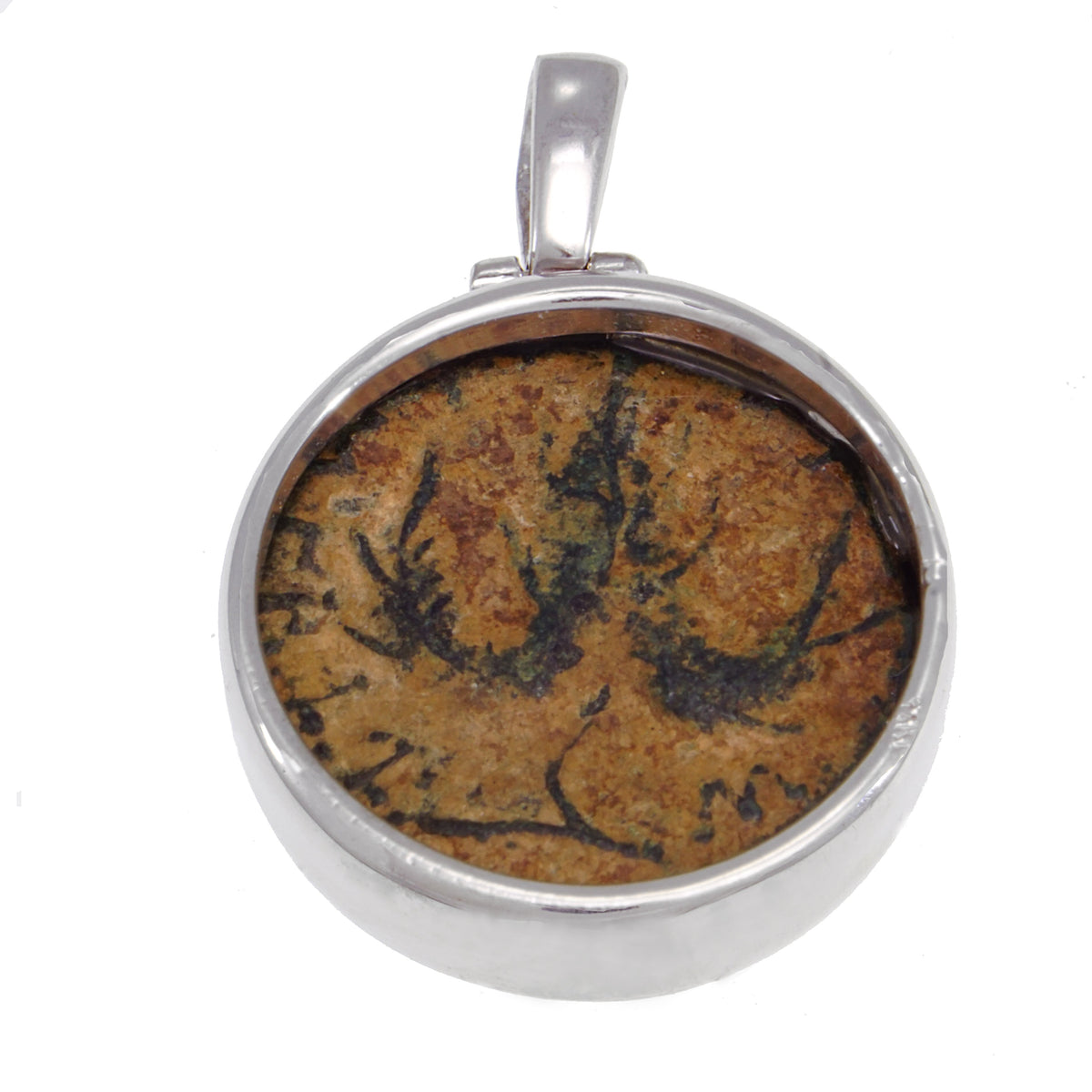 14k White Gold Antique Authentic Rare Bar Kochba Bronze Coin Pendant - Jerusalem