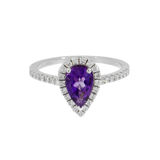 14K Solid White Gold Engagement Ring Natural Diamond 0.30 Carat Amethyst Stone