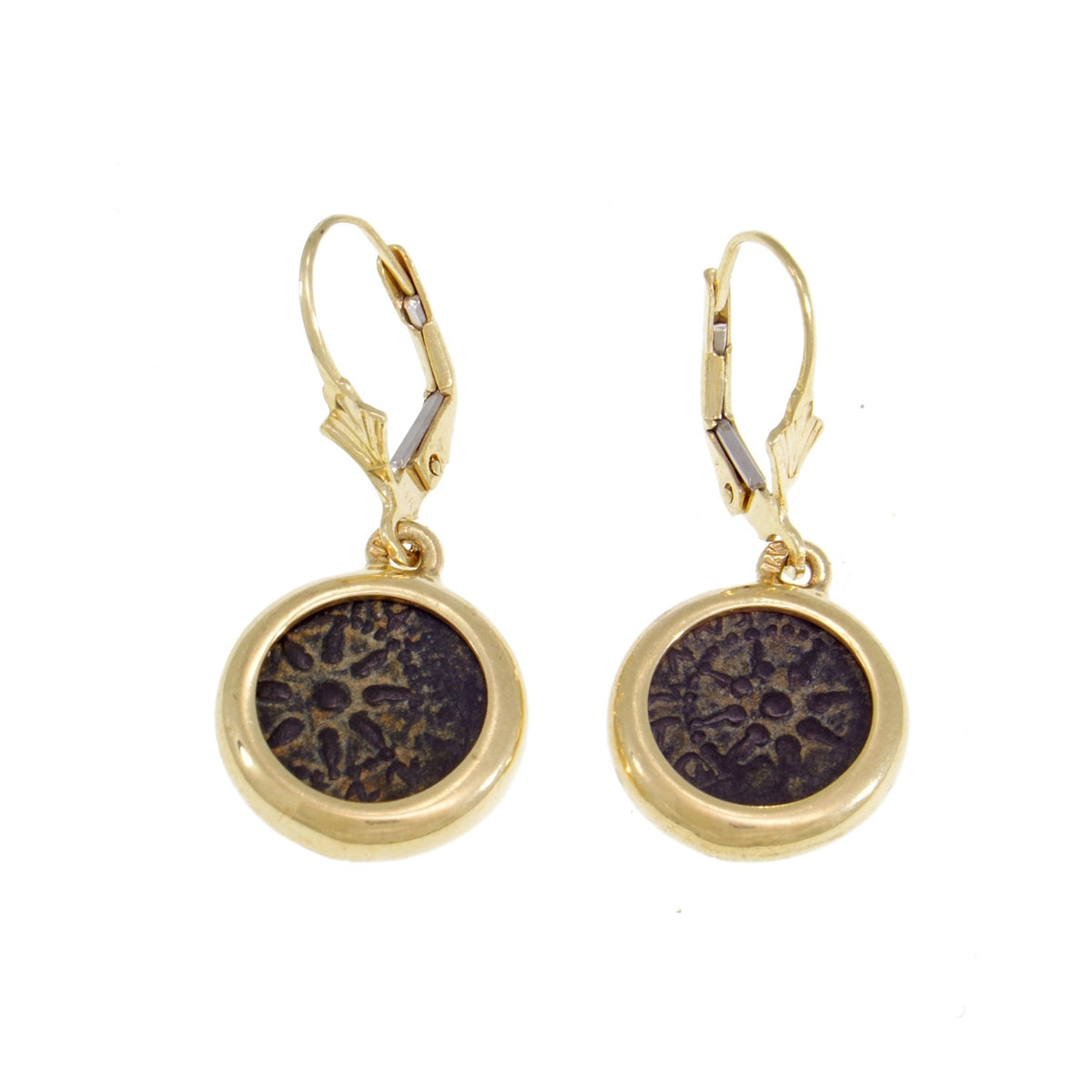 Authentic Antique Coin Earrings, 14K Yellow Gold Earrings, Bronze Widow's Mite Coin