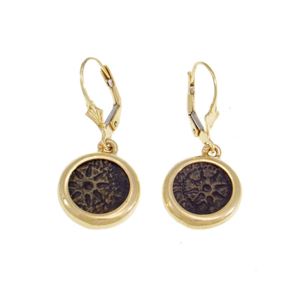Authentic Antique Coin Earrings, 14K Yellow Gold Earrings, Bronze Widow's Mite Coin