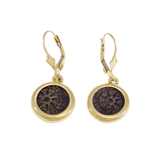 Authentic Antique Coin Earrings, 14K Yellow Gold Earrings, Bronze Widow's Mite Coin