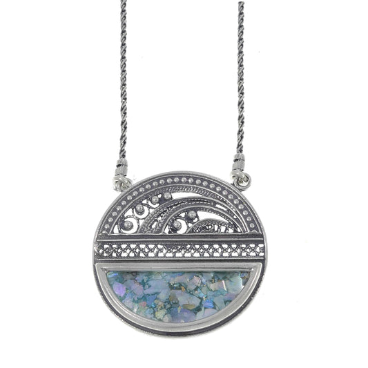 Exclusive Round 925 Sterling Silver Necklace, Ancient Roman Glass Necklace, Roman Glass Pendant, Unique Jewelry
