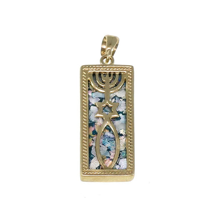 Gentle 14k Gold Pendant, Ancient Roman Glass Pendant, Fish, Star Of David,Menorah, Roman Glass Jewelry grafted-in