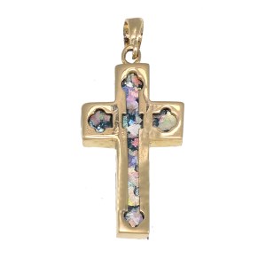 Unique 14K Yellow Gold Cross , Ancient Roman Glass Pendant