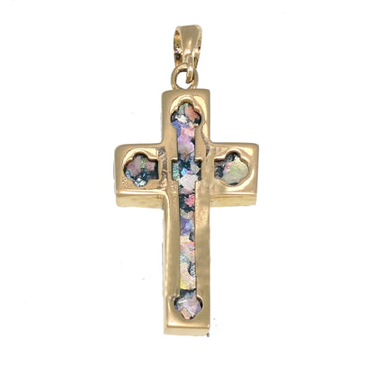 Unique 14K Yellow Gold Cross , Ancient Roman Glass Pendant