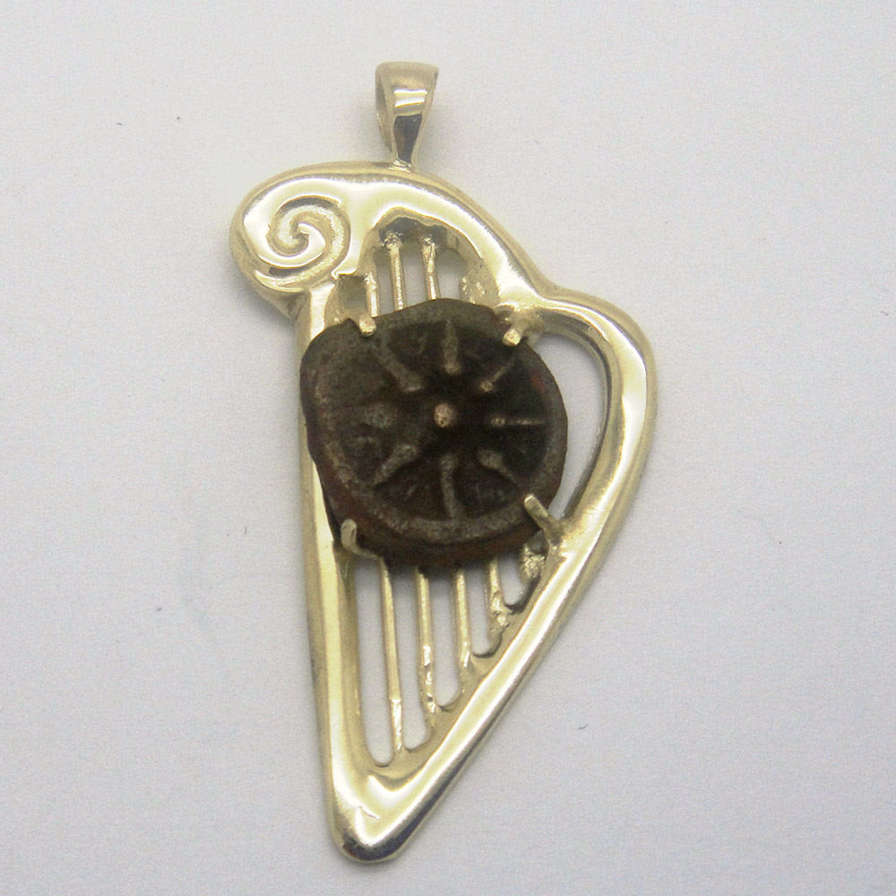 Ancient Coin Pendant, Harp 14K Yellow Gold Pendant,Authentic Widows Mite Coin, Unique Jewelry image 0
