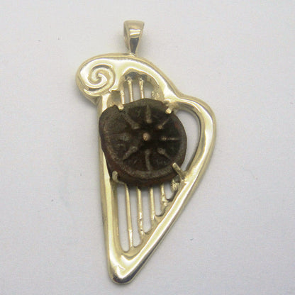 Ancient Coin Pendant, Harp 14K Yellow Gold Pendant,Authentic Widows Mite Coin, Unique Jewelry image 0