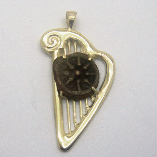 Ancient Coin Pendant, Harp 14K Yellow Gold Pendant,Authentic Widows Mite Coin, Unique Jewelry image 0