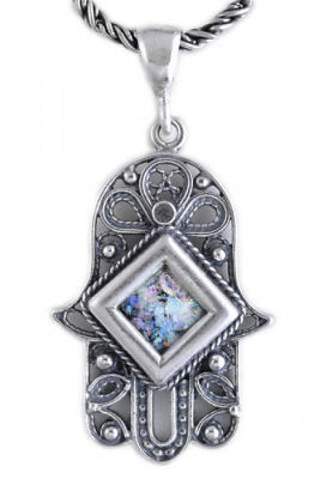Roman Glass Hamsa, 925 Sterling Silver Pendant, Judaica, Unique Jewelry image 0