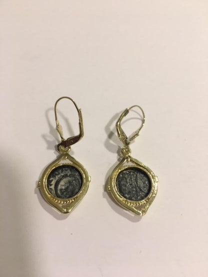 Antique Coin Earrings, 14K Yellow Gold Earrings, Bronze Widow's Mite Coin image 2