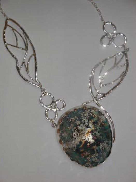Amazing One Of A Kind 925 Sterling Silver Necklace, Roman Glass Necklace Leaf Design Unique Jewelry image 1
