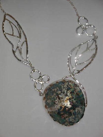 Amazing One Of A Kind 925 Sterling Silver Necklace, Roman Glass Necklace Leaf Design Unique Jewelry image 1