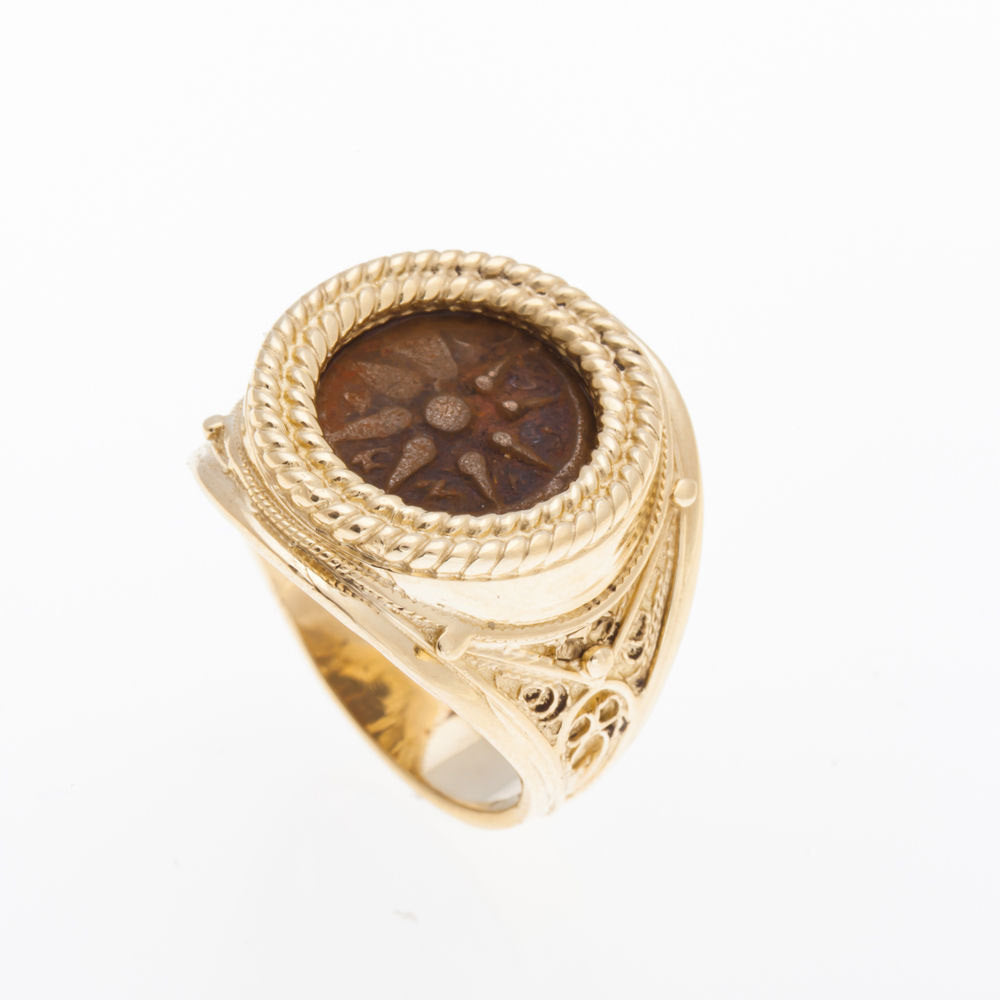 14K Yellow Gold Antique Rare Ring ,Bronze Widows Mite Coin Ring Unique image 0