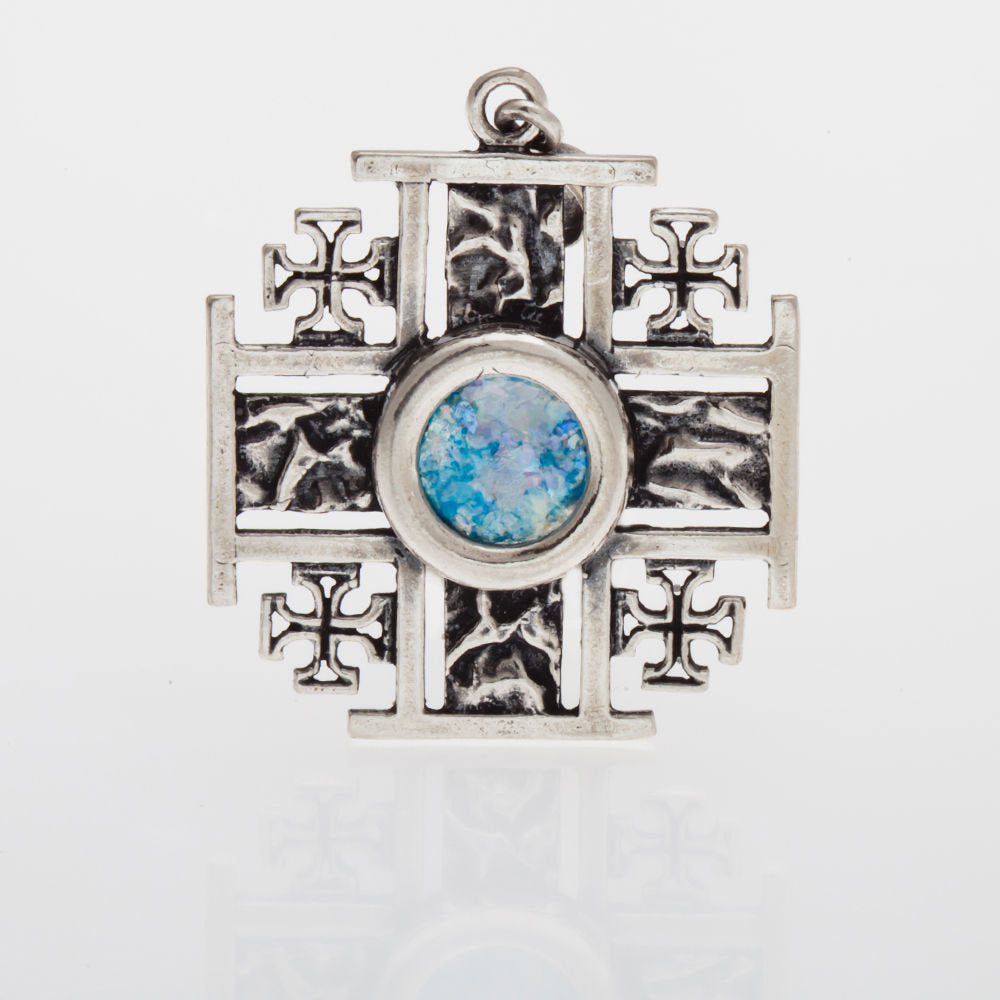 Jerusalem Cross 925 Sterling Silver Ancient Roman Glass Pendant Unique Jewelry image 0