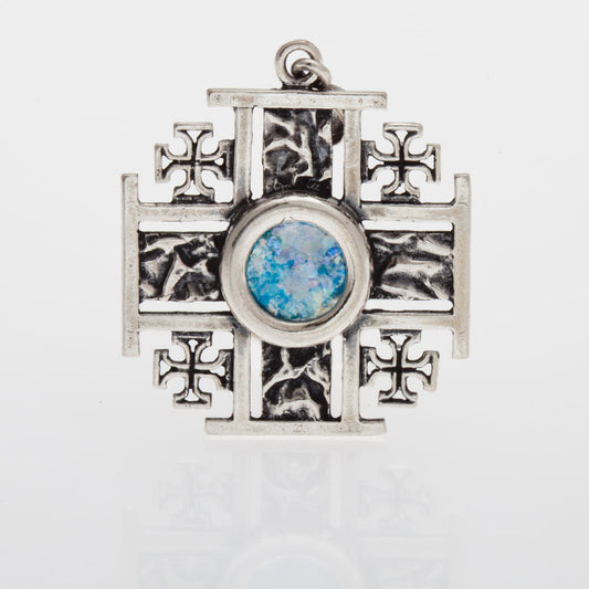 Jerusalem Cross 925 Sterling Silver Ancient Roman Glass Pendant Unique Jewelry image 0