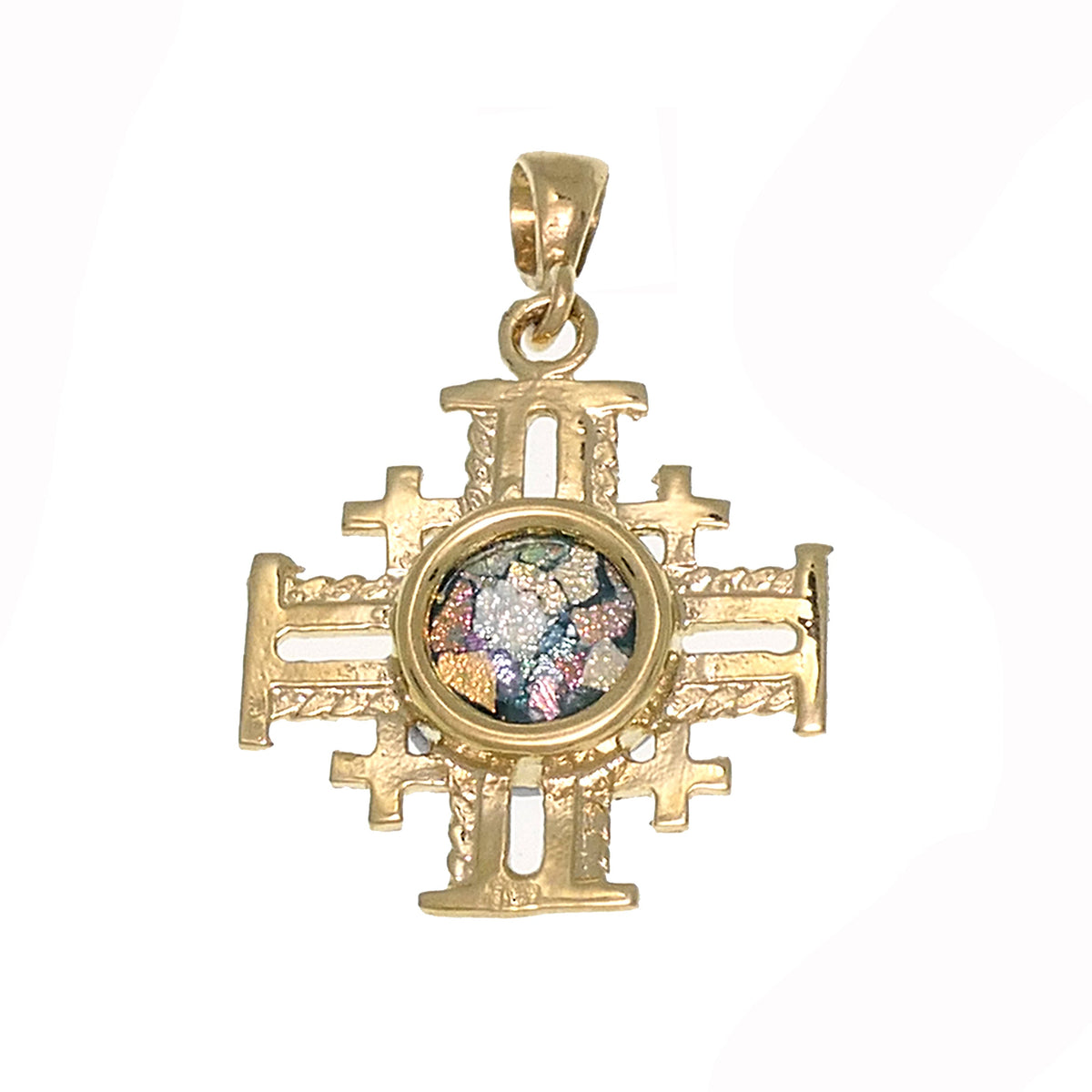 Unique 14K Yellow Gold Jerusalem Cross Filigree , Ancient Roman Glass Pendant, image 0