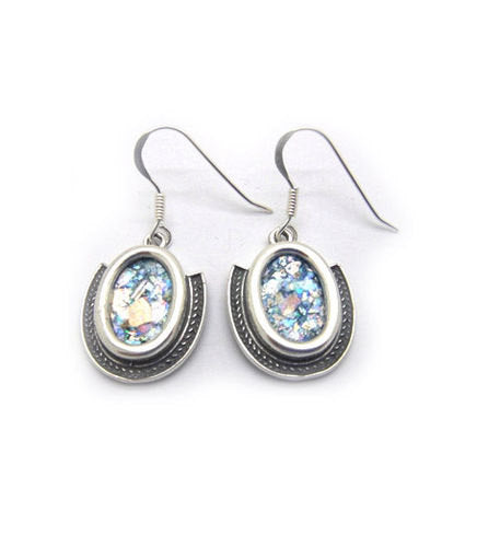 Oval Dangle Earrings, 925 Sterling Silver Earrings, Ancient Roman Glass Earrings, Unique Design, Roman Glass Jewelry image 0
