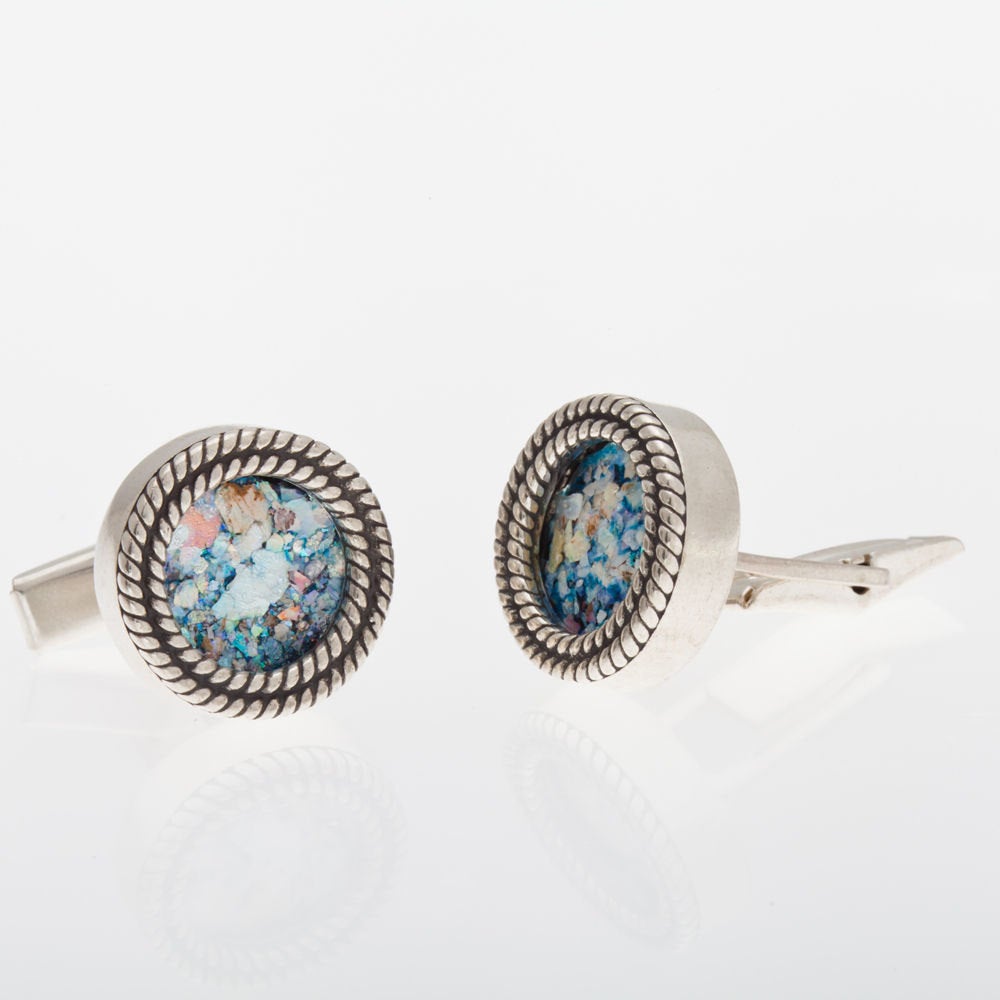 Stylish 925 Sterling Silver Authentic Roman Glass Cuff Links Men Jewelry image 0