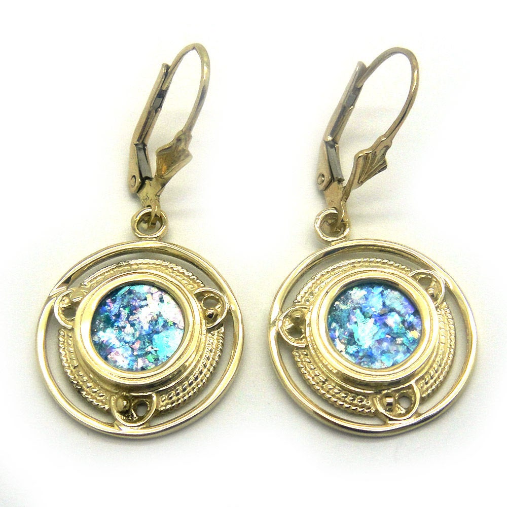 14K Yellow Gold Earrings, Ancient Roman Glass Earrings, Woman Dangle Round Earrings, Unique Jewelry image 0
