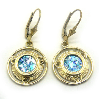 14K Yellow Gold Earrings, Ancient Roman Glass Earrings, Woman Dangle Round Earrings, Unique Jewelry image 0
