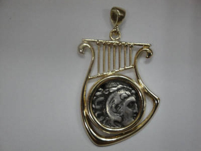 14K Yellow Gold Pendant, Antique Silver Drachma Coin, Harp Pendant, Ancient Coin Pendant, Authentic Ancient Coin Jewelry image 1