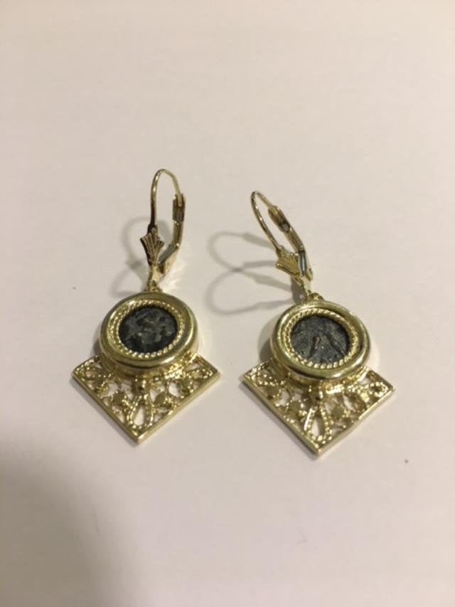 Authentic Antique Coin Earrings, 14K Yellow Gold Earrings, Bronze Widow's Mite Coin image 0