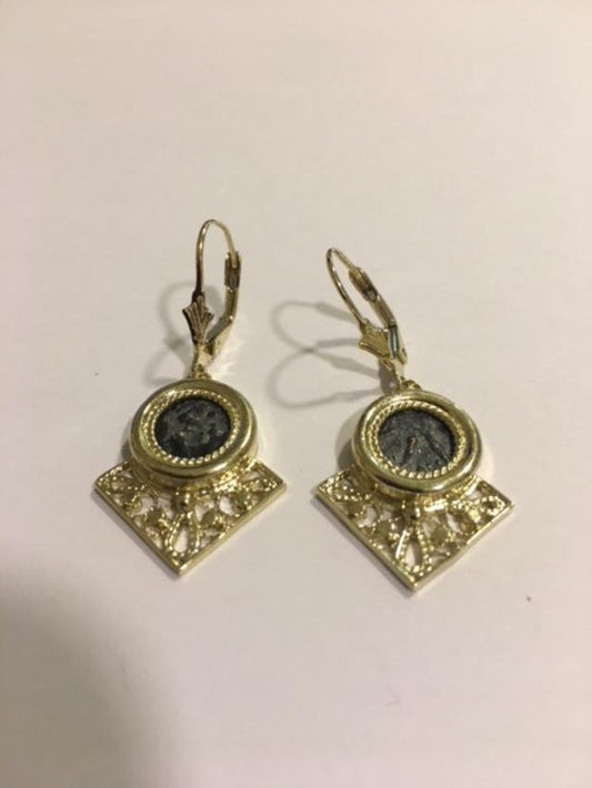 Authentic Antique Coin Earrings, 14K Yellow Gold Earrings, Bronze Widow's Mite Coin image 0