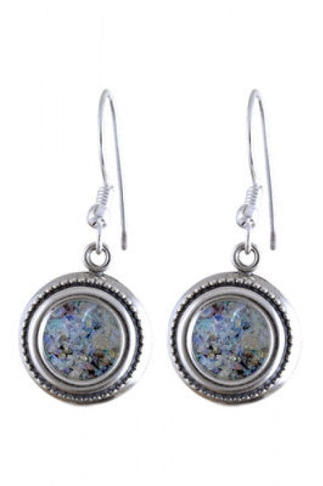 Round Dangle Earrings, 925 Sterling Silver Earrings, Ancient Roman Glass Earrings, Unique Jewelry, OOAK image 1