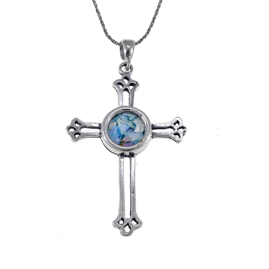 Nice Cross, Ancient Roman Glass Pendant, 925 Sterling Silver Pendant, Romna Glass Cross, Unique Jewelry image 0
