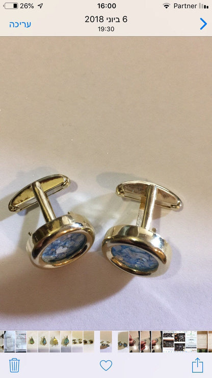 14k yellow gold cuff links set with roman glass image 0