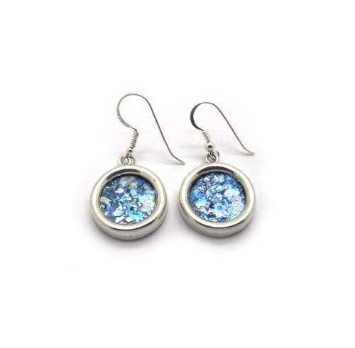 Ladies Round Earrings, Dangle Earrings, 925 Sterling Silver Earrings, Ancient Roman Glass Earrings, Unique Jewelry image 0