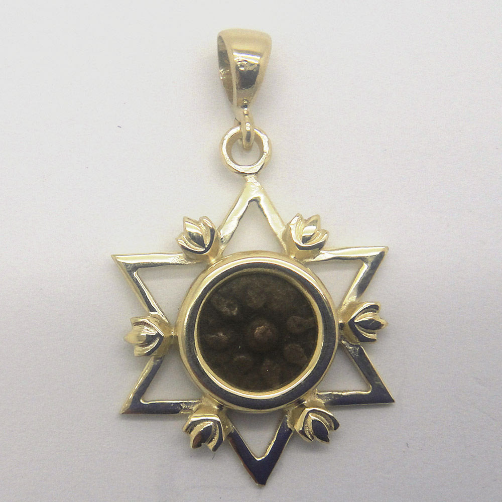 14K Yellow Gold Pendant,Authentic Bronze Widow's Mite Coin Pendant, Star Of David, Judaica, Unique Jewelry image 0