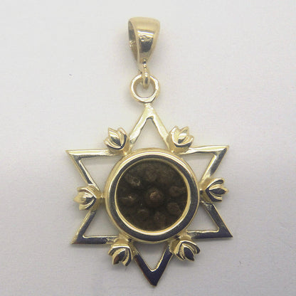 14K Yellow Gold Pendant,Authentic Bronze Widow's Mite Coin Pendant, Star Of David, Judaica, Unique Jewelry image 0