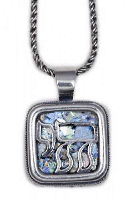 Unique 925 Sterling Silver Pendant, Ancient Roman Glass Pendant "CHAI" Judaica, Unique jewelry image 0