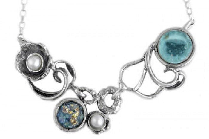 Colorful Flower Necklace, Ancient Roman Glass Necklace, Pearl Necklace, 925 Sterling Silver Necklace, Unique Jewelry image 0