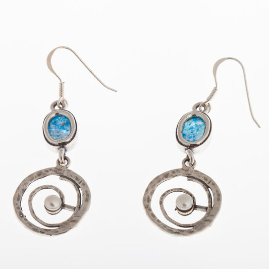 Spiral Pearl 925 Sterling Silver Ancient Roman Glass Earrings Unique Openwork image 0