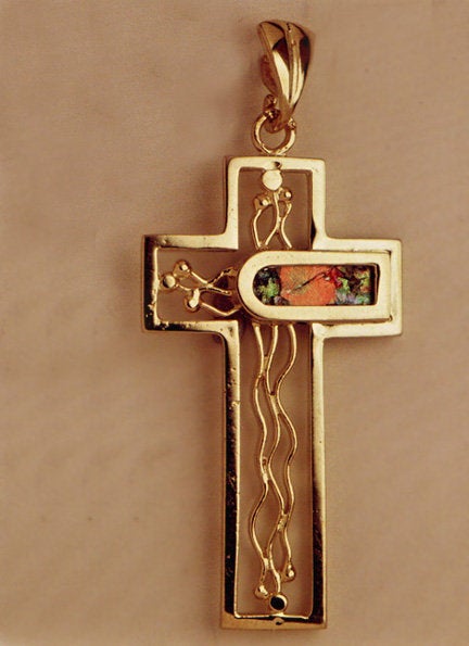 Unique 14K Yellow Gold Cross Filigree , Ancient Roman Glass Pendant, image 0