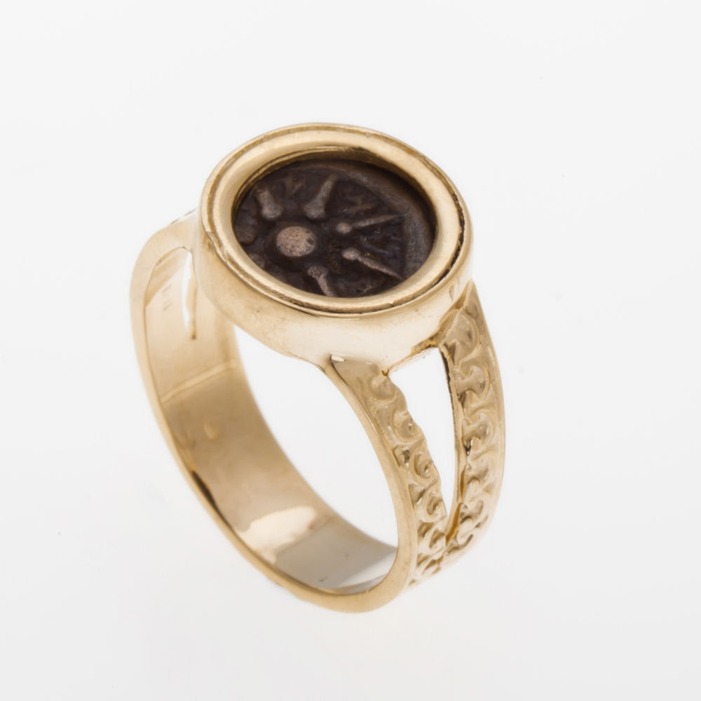 Ring 14K Yellow Gold,Antique Rare Bronze Widows Mite Coin Ring Unique image 0